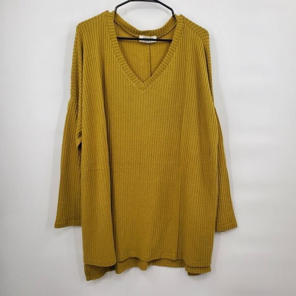 Zenana Oversized Waffle Knit Sweater V-Neck Pullover Size XL Womens Yellow - Picture 1 of 11